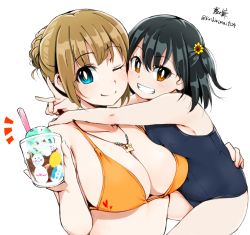 Rule 34 | 2girls, age difference, bikini, black hair, blue eyes, breasts, bright pupils, brown eyes, brown hair, carrying, child, cleavage, collarbone, food, grin, happy, hug, ice cream, jewelry, kirikirimai (kkm), large breasts, looking at viewer, multiple girls, necklace, one-piece swimsuit, one eye closed, original, school swimsuit, short hair, side ponytail, signature, simple background, smile, swimsuit, v, white background