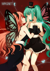 Rule 34 | 2girls, aqua eyes, aqua hair, aqua nails, bad id, bad pixiv id, blush, bug, butterfly, butterfly wings, dress, eye contact, face-to-face, fingerless gloves, gloves, green hair, hairband, hat, hatsune miku, holding hands, insect, insect wings, long hair, looking at another, magnet (vocaloid), megurine luka, mini hat, mini top hat, multiple girls, nail polish, pink hair, ribbon, skirt, top hat, twintails, very long hair, vocaloid, wings, xiangtu, yuri