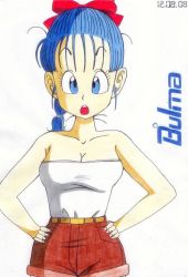 Rule 34 | 1girl, :o, aqua hair, bad id, bad photobucket id, bare shoulders, belt, blue eyes, blue hair, bow, braid, breasts, bulma, character name, cleavage, collarbone, dated, dragon ball, female focus, hair bobbles, hair bow, hair ornament, hands on own hips, light blue hair, long hair, looking at viewer, matching hair/eyes, neck, ponytail, ribbon, serious, shirt, short shorts, shorts, simple background, solo, strapless, tube top, upper body, white background, white shirt, worson2009