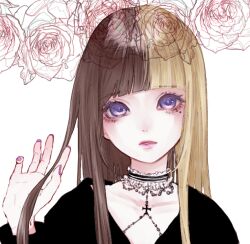 Rule 34 | 1girl, black choker, black shirt, blonde hair, blunt bangs, blush, brown hair, choker, colored lineart, cross, cross necklace, fingernails, flower, frilled choker, frills, hair over shoulder, jewelry, lineart, long hair, looking at viewer, mole, mole under eye, multicolored hair, nail polish, necklace, nose blush, original, pale skin, parted lips, pink lips, portrait, purple eyes, purple nails, rokuri-eva, rose, shirt, simple background, solo, straight hair, two-tone choker, two-tone hair, upper body, white background, white choker