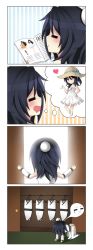 Rule 34 | 1girl, 4koma, :&gt;, = =, all fours, alternate costume, black hair, brown eyes, comic, detached sleeves, dress, fashion, hat, heart, highres, karla featherstone, magazine (object), official art, one eye closed, open mouth, prostration, silent comic, smile, solo, sun hat, sundress, thighhighs, vinty, wardrobe, without within