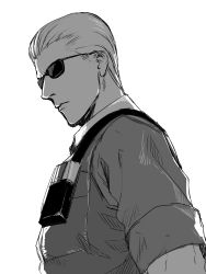 Rule 34 | 1boy, albert wesker, bad id, bad pixiv id, greyscale, highres, katou teppei, male focus, manly, monochrome, resident evil, simple background, solo, sunglasses, white background