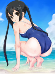 Rule 34 | 1girl, :o, ass, back, bare arms, bare legs, bare shoulders, barefoot, beach, black hair, blue one-piece swimsuit, blue sky, breasts, brown eyes, cloud, day, feet, from behind, full body, highres, horizon, k-on!, looking at viewer, looking back, nakano azusa, ocean, one-piece swimsuit, outdoors, parted lips, rasukaru, school swimsuit, shallow water, shiny skin, shore, sky, small breasts, soles, solo, squatting, swimsuit, tiptoes, twintails, wading, water