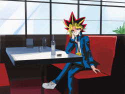 Rule 34 | 1boy, black hair, blonde hair, blue jacket, blue pants, bottle, chihuri, commentary request, couch, dyed bangs, hand up, highres, indoors, jacket, long sleeves, looking at viewer, male focus, multicolored hair, muto yugi, on couch, open clothes, open jacket, pants, parted bangs, parted lips, red eyes, red hair, shirt, shoes, solo, table, white footwear, white shirt, window, yami yugi, yu-gi-oh!