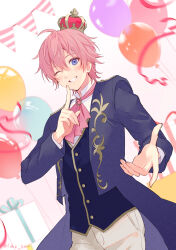 Rule 34 | 1boy, ascot, balloon, beckoning, blue coat, blue eyes, blue vest, box, brooch, coat, cowboy shot, crown, double-parted bangs, finger to mouth, fukahire (ruinon), gift, gift box, grin, hair between eyes, highres, index finger raised, jewelry, long sleeves, looking at viewer, male focus, mini crown, one eye closed, open clothes, open coat, pants, pink ascot, pink hair, satomi (stpri), shirt, short hair, smile, solo, strawberry prince, streamers, string of flags, vest, white background, white pants, white shirt
