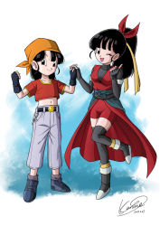 Rule 34 | 10s, 2girls, artist request, black hair, dated, dragon ball, dragon ball heroes, female focus, happy, holding hands, long hair, looking at viewer, multiple girls, note (dragon ball), one eye closed, pan (dragon ball), ponytail, short hair, smile, standing, thighhighs, wink