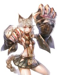 Rule 34 | 10s, 1girl, :d, animal ears, animal hands, blush, bow (bhp), braid, breasts, claw (weapon), claws, collar, erune, fangs, granblue fantasy, hair between eyes, long hair, looking at viewer, medium breasts, open mouth, orange eyes, pleated skirt, sen (granblue fantasy), sideboob, silver hair, simple background, single braid, skirt, smile, solo, weapon, white background