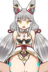 Rule 34 | 1boy, 1girl, absurdres, alten, animal ears, artist name, breasts, cat ears, cleavage, covered navel, gem, hetero, highres, jewelry, long hair, nia (blade) (xenoblade), nia (xenoblade), open mouth, ribbon, silver hair, sitting, smile, solo focus, spoilers, thigh sex, thighs, twintails, very long hair, xenoblade chronicles (series), xenoblade chronicles 2, yellow eyes