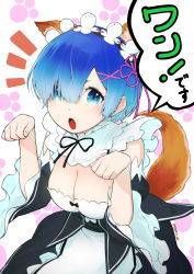 Rule 34 | 1girl, absurdres, animal ears, blue eyes, blue hair, blush, breasts, cleavage, commentary request, detached sleeves, dog ears, dog tail, dress, frills, hair ornament, hair over one eye, hair ribbon, highres, looking at viewer, maid, maid headdress, medium breasts, open mouth, paw pose, pink ribbon, re:zero kara hajimeru isekai seikatsu, rem (re:zero), ribbon, short hair, signature, solo, tail, tochi keisuke, translation request, x hair ornament