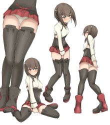 Rule 34 | 10s, 1girl, between legs, black hair, black thighhighs, blush, boots, breasts, brown hair, cassandra (seishun katsu sando), closed mouth, commentary request, covering privates, covering crotch, eyebrows, from below, hand between legs, highres, kantai collection, long sleeves, looking at viewer, miniskirt, multiple views, panties, pantyshot, pleated skirt, profile, red skirt, simple background, sitting, skirt, small breasts, standing, taihou (kancolle), thighhighs, underwear, wariza, white background, white panties