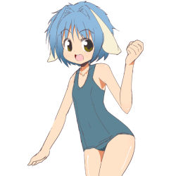 Rule 34 | 00s, 1girl, animal ears, blue hair, galaxy angel, looking at viewer, mint blancmanche, nemuro nao, one-piece swimsuit, open mouth, school swimsuit, short hair, simple background, smile, solo, swimsuit, white background, yellow eyes