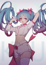 Rule 34 | 1girl, arm up, asymmetrical gloves, asymmetrical sleeves, belt, belt buckle, blue eyes, blue hair, bow, buckle, collared shirt, cowboy shot, crop top, floating hair, gloves, gradient hair, hair between eyes, hair ribbon, hand up, hatsune miku, highres, holding, holding microphone, legs together, light particles, long hair, long sleeves, looking at viewer, microphone, midriff, multicolored hair, navel, necktie, open mouth, pink belt, pink bow, pink hair, pink ribbon, pocket, pre (preecho), ribbon, shade, shirt, short sleeves, solo, standing, stomach, teeth, thighhighs, twintails, uneven gloves, uneven sleeves, upper teeth only, very long hair, vocaloid, white background, white gloves, white necktie, white shirt, white thighhighs