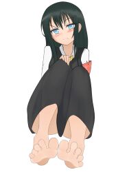 Rule 34 | 1girl, barefoot, black hair, blue eyes, blush, feet, hand on own knee, highres, long hair, looking at viewer, original, soles, toes, transparent background