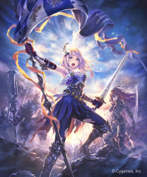 Rule 34 | 2girls, armored boots, armpits, banner, black pants, blue eyes, blue pants, boots, breasts, cloud, cloudy sky, day, floating hair, gloves, granblue fantasy, hair ornament, highres, hisakata souji, holding, holding sword, holding weapon, jeanne d&#039;arc (granblue fantasy), knee boots, long hair, looking at viewer, medium breasts, multiple girls, outdoors, pants, red gloves, red hair, shadowverse, shingeki no bahamut, silver hair, sky, solo focus, standing, sword, torn clothes, torn pants, weapon