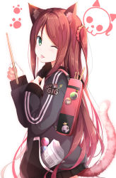 Rule 34 | 1girl, akabane youko, animal ears, backpack, badge, bag, black jacket, black skirt, blush, brown hair, candy, cat ears, cat tail, cowboy shot, drumsticks, food, green eyes, hair ornament, hair scrunchie, highres, holding, holding drumsticks, jacket, kemonomimi mode, long hair, long sleeves, looking at viewer, na53, nijisanji, one eye closed, one side up, paw print, pleated skirt, scrunchie, sheet music, simple background, skirt, smile, tail, tongue, tongue out, very long hair, virtual youtuber, white background