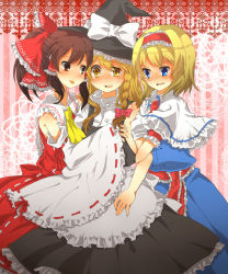 3girls alice_margatroid bad_id bad_pixiv_id blonde_hair blue_eyes bow braid brown_hair detached_sleeves female_focus hair_bow hair_ribbon hairband hakurei_reimu harukichi harukichi_(artist) harukiti hat japanese_clothes kirisame_marisa miko multiple_girls red_eyes ribbon touhou witch witch_hat yellow_eyes