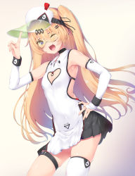 Rule 34 | 1girl, absurdres, arm up, azur lane, bache (azur lane), bache (showy sports star) (azur lane), bare shoulders, blonde hair, blush, breasts, clothing cutout, detached sleeves, dress, elbow gloves, fang, gloves, gradient background, green-tinted eyewear, green-tinted glasses, hand on own hip, heart cutout, highres, long hair, looking at viewer, nakazawa aki, one eye closed, open mouth, purple eyes, single thighhigh, small breasts, smile, solo, sportswear, sunglasses, tennis dress, tennis uniform, thigh strap, thighhighs, tinted eyewear, twintails, two side up, very long hair, visor cap, white dress, white gloves, white thighhighs