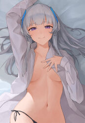 Rule 34 | 1girl, absurdres, bed sheet, black panties, blue archive, blush, breasts, breasts apart, grey hair, hair spread out, highres, inakanoinonaka, linea alba, looking at viewer, lying, medium breasts, navel, no bra, noa (blue archive), on back, open clothes, open shirt, panties, purple eyes, shirt, side-tie panties, smile, solo, underboob, underwear, white shirt