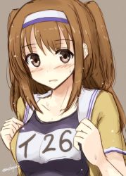 Rule 34 | 10s, 1girl, blush, breasts squeezed together, breasts, brown eyes, hairband, i-26 (kancolle), kantai collection, large breasts, light brown hair, long hair, mashayuki, one-piece swimsuit, open mouth, school swimsuit, sketch, solo, swimsuit, swimsuit under clothes, two-tone hairband, two side up