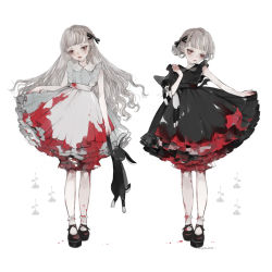 Rule 34 | 2girls, ambiguous red liquid, animal, apron, bare arms, black dress, black footwear, black ribbon, black vs white, blood, blood on clothes, bloomers, bobby socks, cat, closed mouth, collared dress, commentary request, dress, flower, grey dress, grey hair, hair bun, hair ribbon, half updo, holding, holding animal, long hair, looking away, looking down, looking to the side, mary janes, md5 mismatch, multiple girls, nekosuke (oxo), original, rabbit, red eyes, resolution mismatch, ribbon, rose, shoes, side-by-side, single hair bun, skirt hold, sleeveless, sleeveless dress, socks, source larger, standing, underwear, very long hair, waist apron, white apron, white background