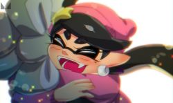 Rule 34 | 2girls, :d, ^ ^, beanie, black hair, blush, callie (splatoon), chichi band, closed eyes, fangs, grey hair, hair ornament, happy, hat, hug, inkling, jacket, long hair, long sleeves, marie (splatoon), multiple girls, nintendo, open mouth, pink hat, pink jacket, pointy ears, simple background, smile, sparkle, splatoon (series), splatoon 2, star (symbol), star hair ornament, swept bangs, teeth, thick eyebrows, twintails, upper body, white background