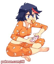 Rule 34 | 1girl, animal print, barefoot, black hair, blue eyes, blush, breasts, controller, crossed legs, eating, feet, food, food in mouth, game controller, holding, holding controller, kill la kill, matoi ryuuko, midriff, multicolored hair, navel, pajamas, patreon username, pizza, rabbit print, red hair, rtil, short hair, simple background, sitting, soles, solo, streaked hair, toes, two-tone hair, watermark, web address, white background