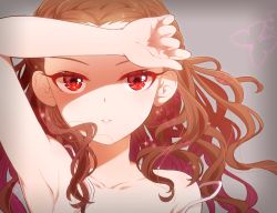 Rule 34 | 10s, 1girl, armpits, bare shoulders, brown hair, close-up, collarbone, curly hair, idolmaster, idolmaster cinderella girls, long hair, off shoulder, parted lips, red eyes, seki hiromi, simple background, solo, strap slip, upper body, uzu shi o