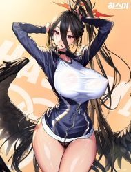 Rule 34 | 1girl, adjusting hair, arms up, black choker, black hair, black panties, black wings, blue archive, blush, breasts, choker, covered erect nipples, curvy, feathered wings, gym uniform, hair between eyes, hair tie, hair tie in mouth, halo, hasumi (blue archive), hasumi (track) (blue archive), highres, huge breasts, jacket, long hair, long sleeves, looking at viewer, low wings, mole, mole under eye, mouth hold, nipples, official alternate costume, panties, ponytail, punc p, purple eyes, see-through, see-through shirt, shirt, simple background, skindentation, solo, thick thighs, thigh gap, thighs, underwear, very long hair, white shirt, wide hips, wings