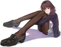 Rule 34 | &gt;:(, 1girl, absurdres, bad id, bad pixiv id, black footwear, blouse, blue jacket, blush, brown eyes, brown hair, commentary request, foreshortening, grey skirt, head tilt, highres, holding legs, jacket, knees together feet apart, kuen (kuennn12), legs, loafers, long hair, neckwear request, open clothes, open jacket, original, pantyhose, pleated skirt, red neckwear, see-through, see-through legwear, shirt, shoes, simple background, sitting, skirt, solo, swept bangs, white background, white shirt