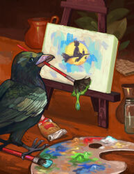 Rule 34 | 1other, animal, animal focus, bird, broom, broom riding, canvas (object), claireburke, crow, familiar, highres, holding, holding paintbrush, jar, jiji (majo no takkyuubin), kiki (majo no takkyuubin), leaf, looking at viewer, majo no takkyuubin, original, paint tube, paintbrush, painting (action), painting (object), palette (object), studio ghibli, tool in mouth, witch
