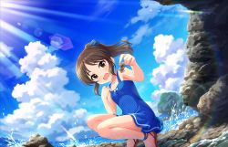 Rule 34 | 1girl, annindoufu (oicon), brown eyes, brown hair, casual one-piece swimsuit, cloud, crab, hair ribbon, highres, idolmaster, idolmaster cinderella girls, ocean, official art, one-piece swimsuit, open mouth, ponytail, ribbon, sandals, sky, squatting, surprised, swimsuit, tachibana arisu, tagme, water