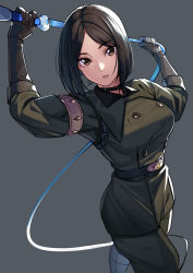 Rule 34 | 1girl, absurdres, armband, arms up, black choker, black hair, boots, brown eyes, brown gloves, choker, earrings, gloves, green pants, grey background, highres, jewelry, kagematsuri, looking at viewer, medium hair, military, military uniform, pants, parted bangs, parted lips, simple background, snk, solo, the king of fighters, uniform, whip, whip (kof)