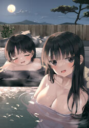 Rule 34 | 2girls, absurdres, bare shoulders, bath, bathing, black eyes, black hair, blush, breast rest, breasts, bush, choppy bangs, cleavage, closed eyes, cloud, collarbone, commentary, dot nose, fence, highres, kanzi, large breasts, long bangs, long hair, looking at viewer, mole, mole on breast, moon, mountainous horizon, multiple girls, naked towel, night, night sky, onsen, original, partially submerged, raised eyebrows, resting, rock, sidelocks, sky, star (sky), steam, sweat, symbol-only commentary, towel, tree, upper body, water, wet, wooden fence