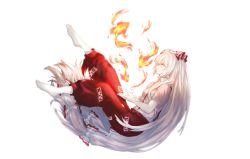 Rule 34 | 1girl, absurdly long hair, breasts, commentary request, expressionless, fire, from side, fujiwara no mokou, hair ribbon, highres, leg lift, long hair, looking up, no shoes, ofuda, open hands, pale skin, pants, reclining, red eyes, red pants, ribbon, shirt, short sleeves, silver hair, simple background, small breasts, solo, somei ooo, suspenders, touhou, tress ribbon, very long hair, white background, white legwear, white shirt