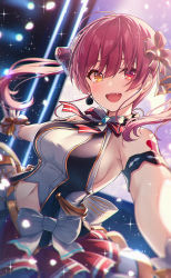 Rule 34 | 1girl, :d, arm strap, bare shoulders, breasts, chihiro ayaka, fangs, gloves, hair between eyes, hair ornament, hair ribbon, headset, heterochromia, highres, hololive, houshou marine, large breasts, long hair, looking at viewer, microphone, navel, official alternate costume, open mouth, outstretched arms, red eyes, red hair, red ribbon, ribbon, sideboob, smile, solo, sparkle, twintails, virtual youtuber, white gloves, white ribbon, yellow eyes
