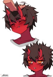 Rule 34 | 1girl, 1other, black hair, blush, closed mouth, colored skin, embarrassed, closed eyes, headpat, horns, kidouko (zakusi), messy hair, oni, oni horns, orange eyes, original, parted lips, pointy ears, red oni, red skin, shirt, short hair, signature, simple background, solo focus, triangle mouth, white background, white shirt, zakusi