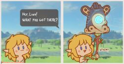 Rule 34 | 1boy, blonde hair, blush stickers, brachyartz, chibi, english text, highres, holding, holding weapon, link, long hair, nintendo, open mouth, pointy ears, solo, the legend of zelda, the legend of zelda: tears of the kingdom, toon (style), weapon