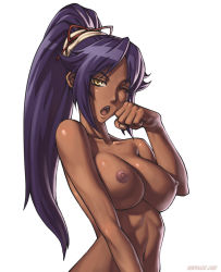 Rule 34 | 1girl, abs, arm at side, armpits, artist name, bleach, breasts, clenched hand, collarbone, completely nude, dark-skinned female, dark skin, fang, female focus, fingernails, hair ornament, half-closed eyes, hand up, high ponytail, large breasts, looking at viewer, muscular, muscular female, navel, neck, nipples, no bra, no panties, nude, one eye closed, open mouth, ponytail, purple hair, sexually suggestive, shihouin yoruichi, shiny skin, side bangs, sidelocks, simple background, solo, speh, standing, teeth, toenails, toes, topless, topless frame, turning head, unworn clothes, upper body, upper teeth only, watermark, web address, white background, wink, yawning, yellow eyes