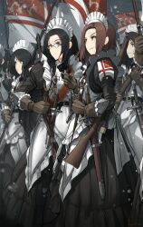 Rule 34 | 6+girls, alicia cole, apron, asterisk kome, black hair, blue eyes, bolt action, brown eyes, brown gloves, brown hair, flag, gina wallace, gloves, green eyes, gun, highres, holding, holding flag, holding gun, holding weapon, lee-enfield, long hair, maid, maid apron, maid headdress, marie gardner, medal, multiple girls, original, rifle, sheath, sheathed, sword, weapon