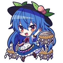 Rule 34 | 1girl, :d, black headwear, blue skirt, bow, bowtie, brown footwear, center frills, chibi, colored eyelashes, commentary request, food, frills, fruit, full body, highres, hinanawi tenshi, keystone, leaf, looking at viewer, open mouth, peach, rainbow order, red bow, red bowtie, rope, shimenawa, short sleeves, simple background, skirt, smile, solo, touhou, white background, yoriteruru