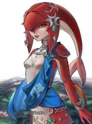 Rule 34 | 1girl, breasts, colored skin, cowboy shot, fish girl, hair ornament, heart, highres, jewelry, long hair, mia ru1228, mipha, monster girl, necklace, nintendo, orange eyes, red hair, red skin, small breasts, smile, solo, teeth, the legend of zelda, the legend of zelda: breath of the wild, wading, water, white background, zora