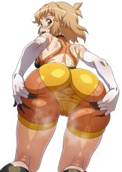 1girl absurdres ass blonde_hair blush bodysuit brown_eyes cameltoe covered_anus elbow_gloves gloves highres looking_at_viewer looking_back open_mouth senki_zesshou_symphogear short_hair simple_background skin_tight smile solo syunzou tachibana_hibiki_(symphogear) white_background white_gloves