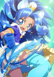 Rule 34 | 10s, 1girl, animal ears, bad id, bad pixiv id, blue eyes, blue gloves, blue hair, blue skirt, blue theme, blue thighhighs, cat ears, cat tail, clenched hand, cure gelato, earrings, extra ears, fang, food-themed hair ornament, gloves, green background, hair ornament, jewelry, kirakira precure a la mode, lion ears, lion tail, long hair, magical girl, open mouth, precure, single thighhigh, skirt, smile, solo, tail, tategami aoi, thighhighs, toramaru