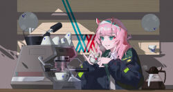 Rule 34 | 1girl, absurdres, black jacket, blunt bangs, chinese commentary, coffee maker, coffee pot, collared shirt, commentary request, cup, darling in the franxx, elbow on table, eyeliner, green eyes, hairband, highres, holding, holding cup, horns, jacket, kanghaha, light blush, long hair, long sleeves, looking afar, open mouth, pink hair, pink horns, pink nails, plate, red eyeliner, shirt, smile, smoke, solo, teeth, two-sided fabric, two-sided jacket, upper body, white hairband, white shirt, zero two (darling in the franxx)