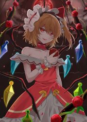 Rule 34 | 1girl, adapted costume, alternate costume, apple, bare shoulders, blonde hair, collarbone, commentary, crystal, dress, flandre scarlet, flower, food, fruit, hairband, highres, holding, holding food, holding fruit, kuro wa shinoru, looking at viewer, red apple, red dress, red eyes, red flower, red rose, rose, short hair, slit pupils, solo, thorns, touhou, touhou gensou eclipse, white hairband, wings