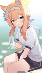 Rule 34 | 1girl, animal ear fluff, animal ears, arm between legs, az30317481, black shorts, blue archive, blue eyes, blush, bottle, breasts, commentary request, flower, hair flower, hair ornament, hairband, halo, highres, holding, holding bottle, long hair, looking at viewer, mari (blue archive), mari (track) (blue archive), medium breasts, official alternate costume, open mouth, orange hair, shirt, short sleeves, shorts, sidelocks, sitting, solo, water bottle, white hairband, white shirt, yellow halo