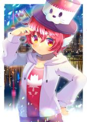 Rule 34 | arm up, black hat, blurry, blurry background, blush, canadian flag, closed mouth, depth of field, drawstring, flag print, hair between eyes, hand on own hip, hat, head wings, hood, hood down, hooded jacket, jacket, kou hiyoyo, long sleeves, looking at viewer, open clothes, open jacket, print shirt, puffy long sleeves, puffy sleeves, red eyes, red hair, red shirt, shirt, sleeves past wrists, vrchat, white jacket, white wings, wings