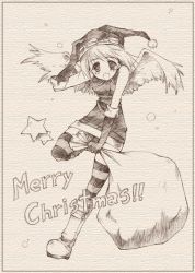 Rule 34 | 1girl, christmas, goggles, graphite (medium), monochrome, pencil, ryouka (suzuya), santa costume, solo, striped clothes, striped thighhighs, thighhighs, traditional media, wings