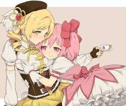 Rule 34 | 10s, 2girls, bad id, bad pixiv id, beret, blonde hair, blush, breasts, bubble skirt, charlotte (madoka magica), corset, cup, detached sleeves, fingerless gloves, frills, gloves, grabbing, grabbing another&#039;s breast, hair ornament, hair ribbon, hat, hisakawa riho, kaname madoka, large breasts, magical girl, mahou shoujo madoka magica, mahou shoujo madoka magica (anime), multiple girls, pink eyes, pink hair, pleated skirt, ribbon, short twintails, skirt, smile, teacup, tomoe mami, twintails, yellow eyes, yuri