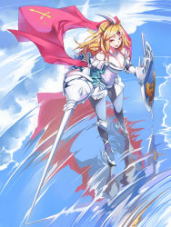Rule 34 | 1girl, armor, blonde hair, breasts, ceda (dace), cleavage, gundam, highres, knight, knight gundam, lance, long hair, personification, polearm, shield, sky, smile, solo, standing, standing on liquid, water, weapon, yellow eyes